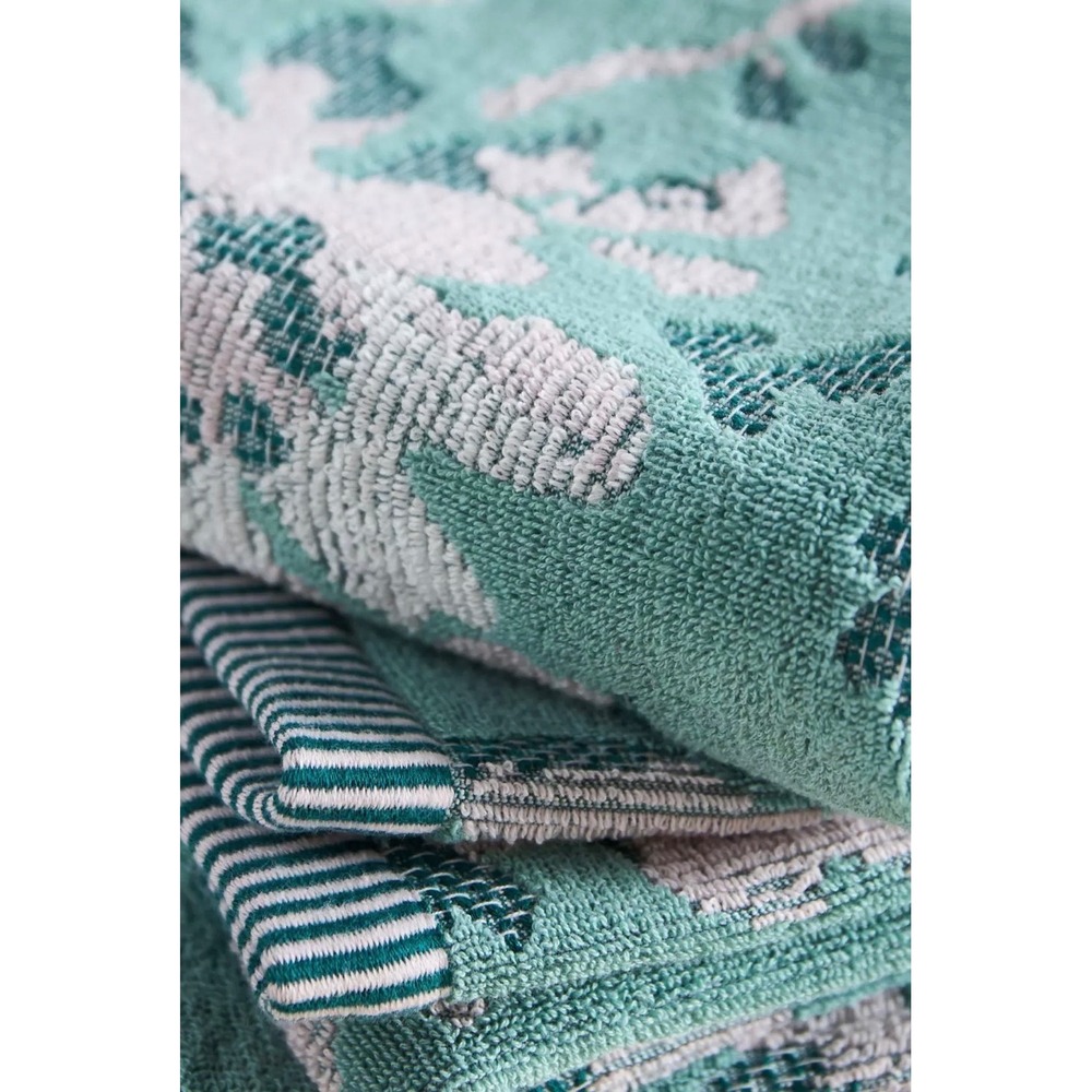 Anthropologie Bathroom Hand Towel Josephine Aqua Blue Floral Striped Border - Picture 2 of 3